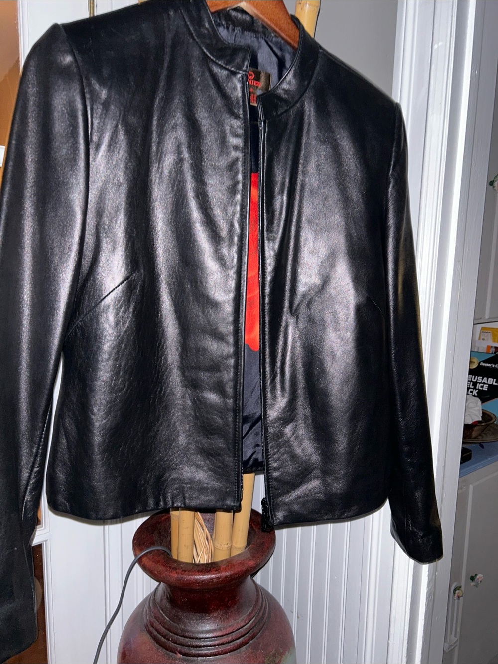 Danier Black Leather Jacket with Red Rose Lining